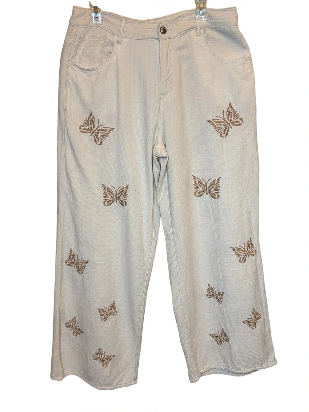 POL Embroidered Butterfly Wide Leg Trousers Medium Boho Cotton Cottagecore - Picture 2 of 12